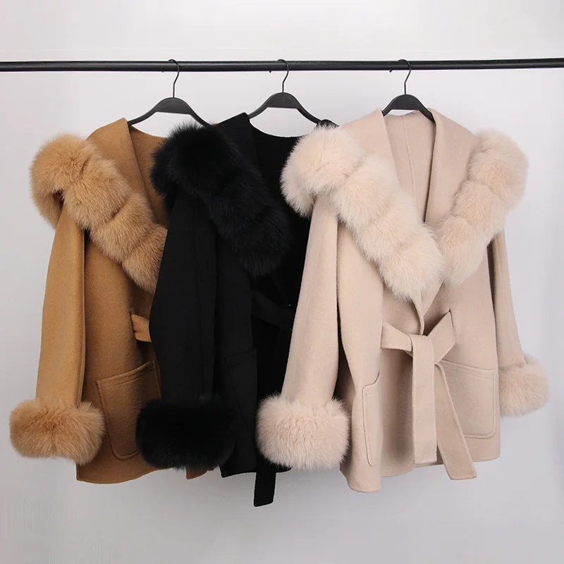 Winter Women Wool Jacket Lace-up Coat Cuffs Removable Fox Fur Female High Quality Double-sided Cashmere Woolen Coat