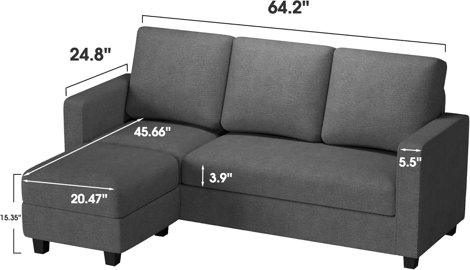 Convertible Sectional Sofa Couch, Fabric L-Shaped Sofa with 3 Seats, Removable Ottoman, Small Sofa for Small Apartments,