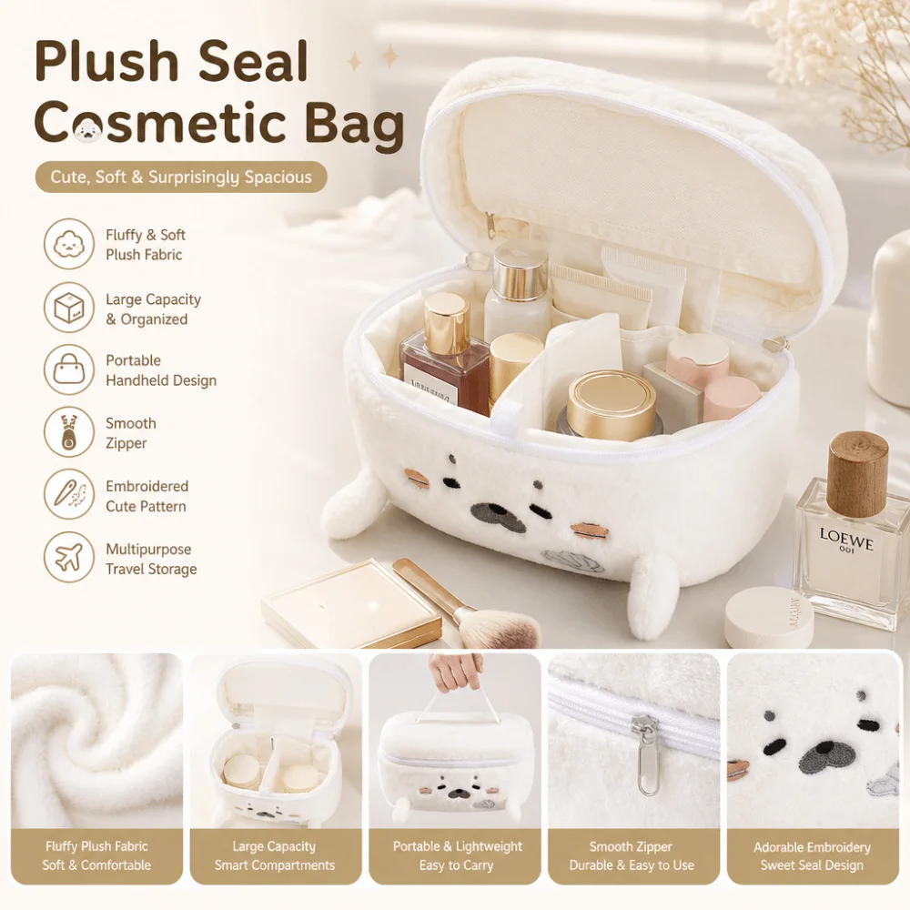 Fluffy Little Seal Makeup Bag Handheld Embroidery Pattern Cosmetic Bag Large Capacity Portable Travel Toiletry Bag Multipurpose