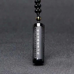 Natural Obsidian Prajna Paramita Sutra Buddha Necklace Pendant With Lucky Beads Chain Fashion Jewelry For Men Women