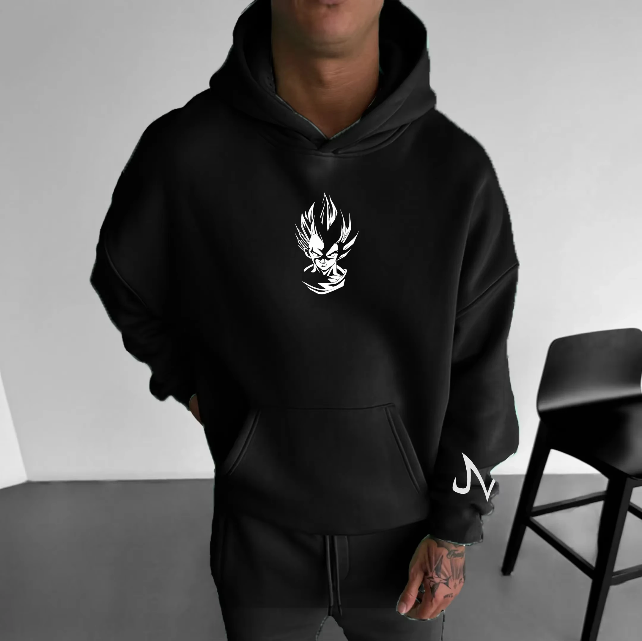 Bandai 2026 nuevo Dragon Ball Z Goku contorno línea de neón estampado de roca Sudadera con capucha para hombres cálido padre-niño de talla grande Top suelto de manga larga