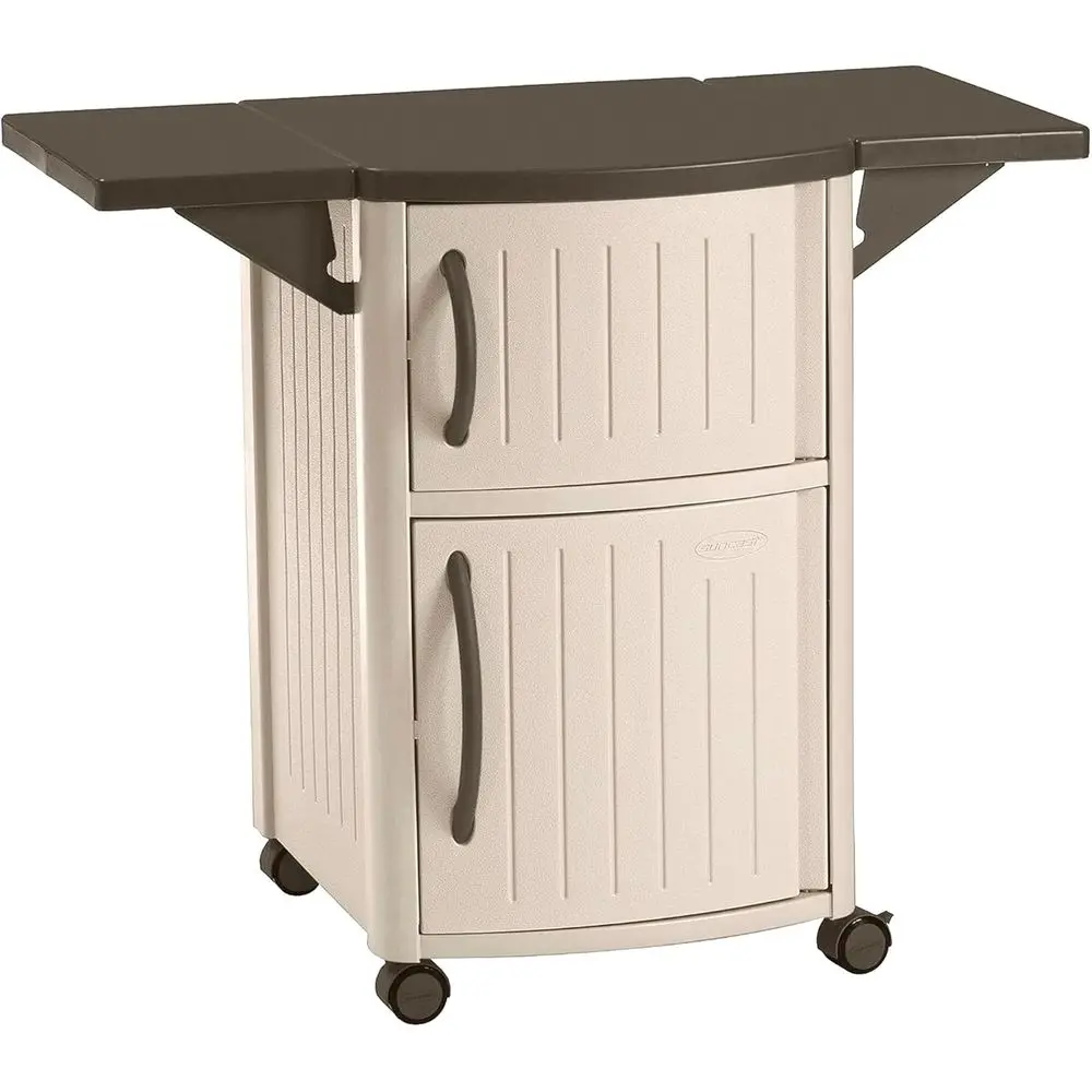 

Outdoor BBQ Prep Table with Storage, Taupe & Mocha - Features Side Shelves, Cabinet, Tray, Wheels