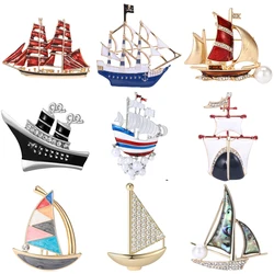 Enamel Sailing Boat Brooches for Women Unisex Pearl Ship Sea Transport Pins Office Party Friend Gifts Accessories