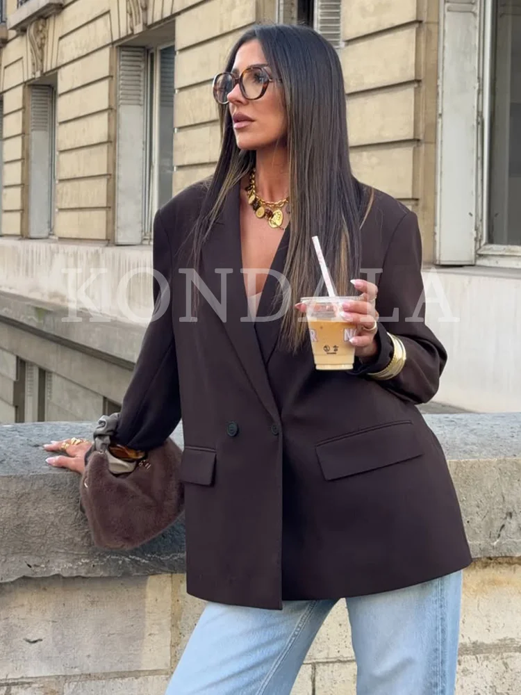 KONDALA Elegancka Dwurzędowa Marynarka Damska w Stylu Vintage z Brązowymi Guzikami, Modna Marynarka Biurowa na Wiosnę i Lato 2026 — zdjęcie 2