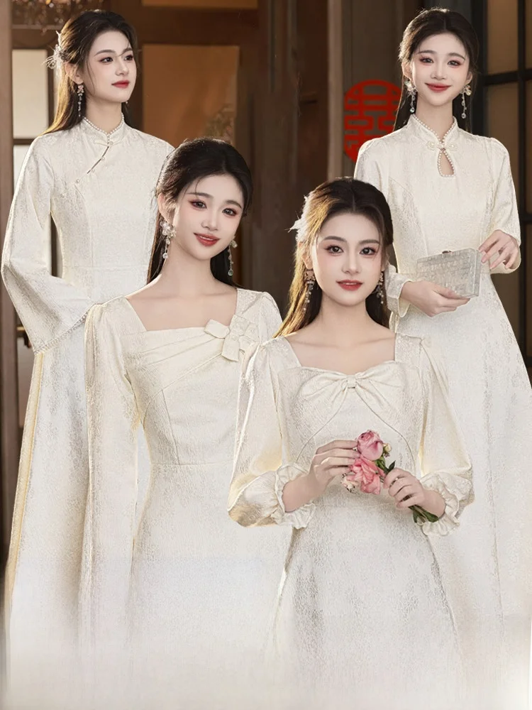 

Потрясающее зимнее вечернее платье в корейском стиле с жемчужной отделкой, длинными рукавами, в пол, для дня рождения, вечеринки, свадьбы