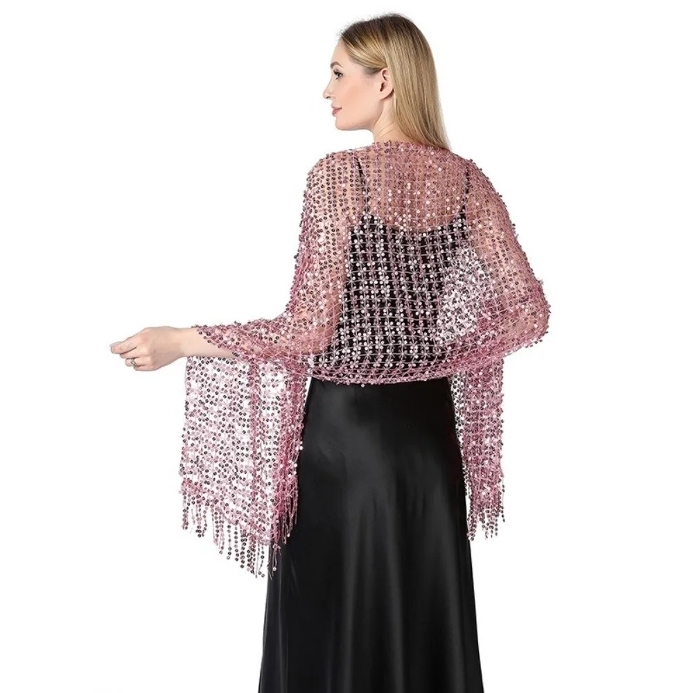 Luxury Elegant Sparkle Sequin Fringe Scarf Formal Hollow Out Glitter Shawl Vintage Wrap Boho Headscarf Bride
