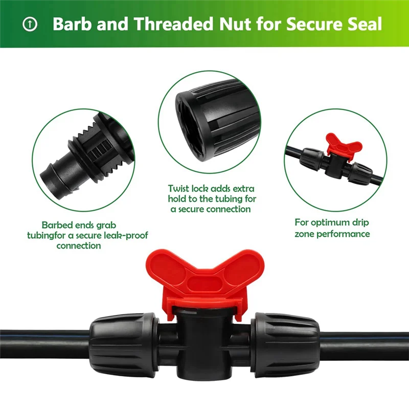 AB33-20 Pcs Drip Irrigation Switch Valves 1/2 Inch - In-Line Barb Lock For Tubing 0.60-0.65Inch OD, Outdoor Shut Off Valve