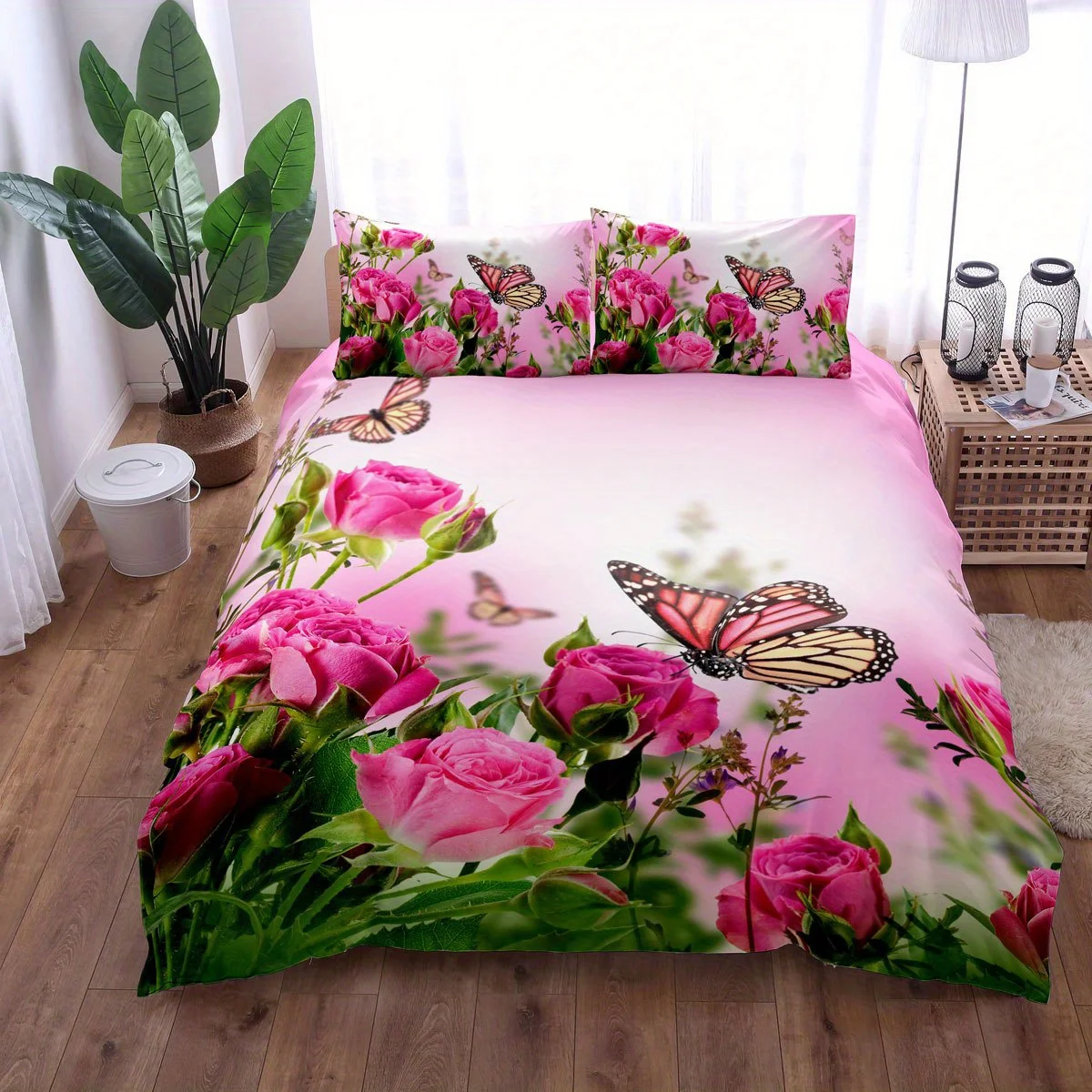 Pink Rose Butterfly Duvet Cover Set Soft and Comfortable Bedding Set for Bedroom Includes 1 Duvet Cover and 2 Pillowcases