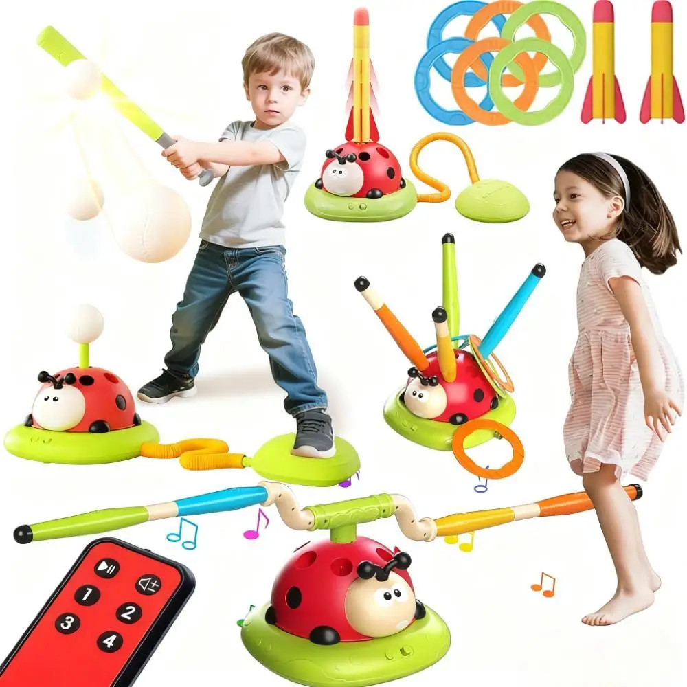 4-in-1 Sports Ladybug Toy: Baseball, Musical Jump, Ring Toss, 3-Foam-Rocket, Remote Gift for Kids 3+; Indoor/Outdoor.