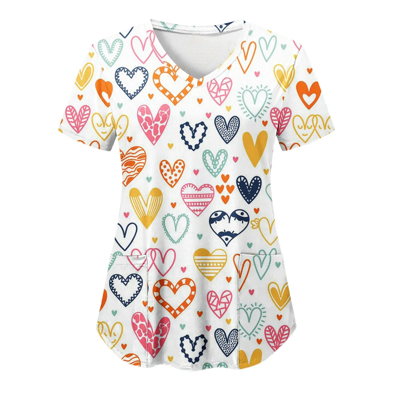 Womens Scrubs Nursing Top Cute Heart Printed Short Sleeve Neck Tops Care Working Uniform Blouse Shirt Nurse Pockets Uniforme