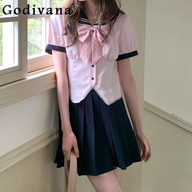 

Elegant Sweet Pink Short Sleeve Jk Navy Collar Shirt Summer Japanese High Waist Versatile Age-reducing College Pleated Skirt