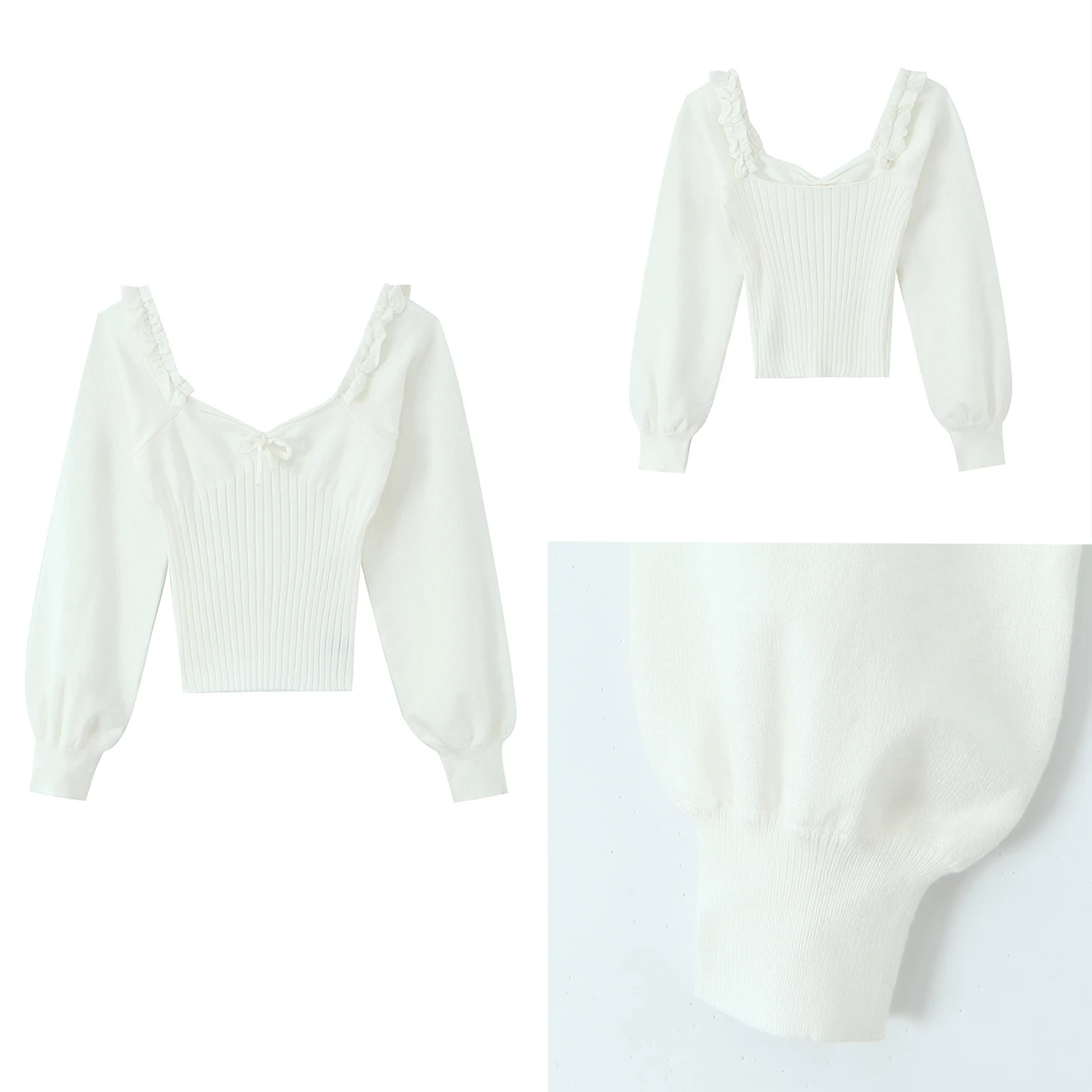 

Ele Faionable Knitted Sweater with Bow Large Collar Lace Trim for Women ort Sle Long Sve Autumn New Arrivals