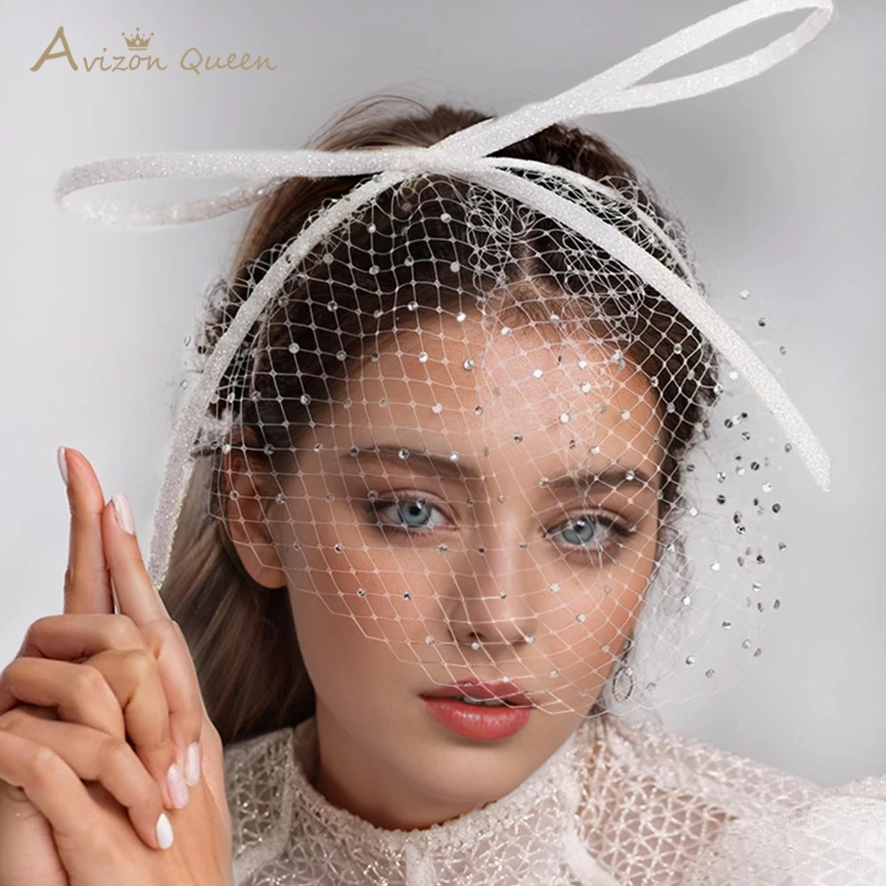 TOPQUEEN White Bow Rhinestones Embellished Bridal Cage Veil Wedding Accessory Breathable Women Veil Netting velos de novia MA21