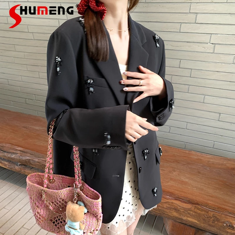

Women's 2025 Autumn New Fashion Small Blazers Rhinestones Bowknot Beaded Tassel Tailored Coats Feminine Loose Fit Suit Jackets