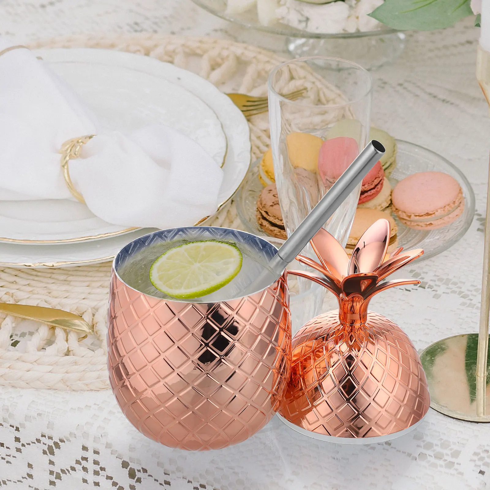 

2 set Pineapple Shaped Cocktail Glass 450ml Stainless Steel Party Drink Tumbler with Straw Hawaiian Fruit Cups for Birthday Bar