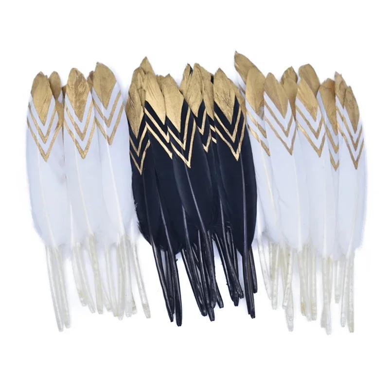 10Pcs Gold Dipped Goose Duck Feathers for Crafts Black White Needlework Dream Catcher Hats Feather Handicraft Accessories Decor