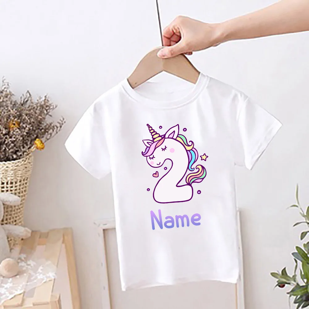 ส่วนบุคคล Unicorn พิมพ์วันเกิดสำหรับเด็กเสื้อยืด Childs Custom ชื่อเสื้อผ้าเสื้อผู้หญิงเสื้อวันเกิด Party ชุดน่ารักเสื้อ T