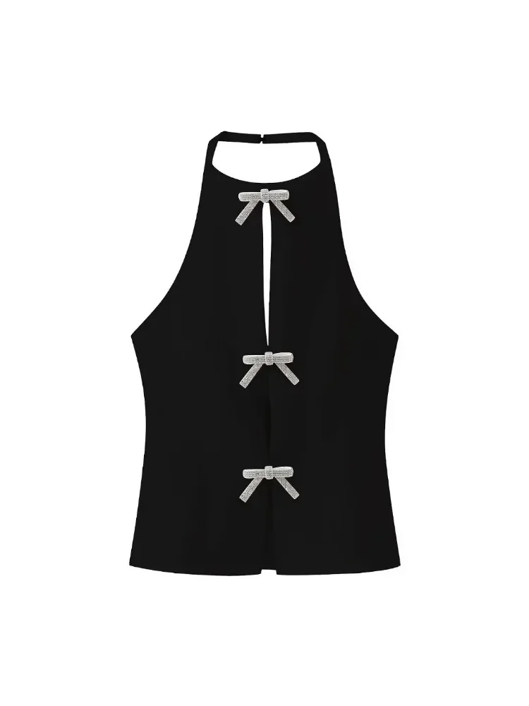 Women Fashion with Diamond Bow Solid Side Zipper Backless Tops Vintage Halter Neck Sleeveless Female Chic Lady Tops