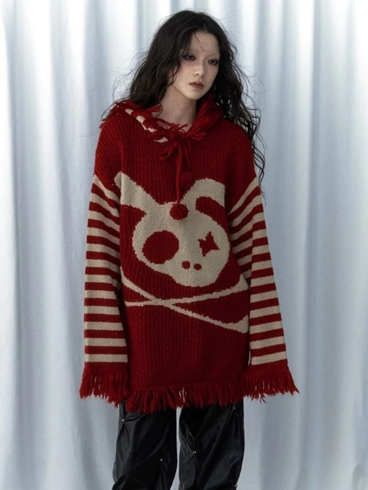 Y2K Punk Skull Hooded Sweater Women Long Sleeve Harajuku Streetwear Loose Knitted Pullovers Autumn Winter Casual Fashion Clothes