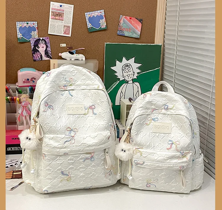 Colorful Bow Full Print Ruched Fabric Backpack Four Colors Available Large Capacity Girls Junior High High School School Bag