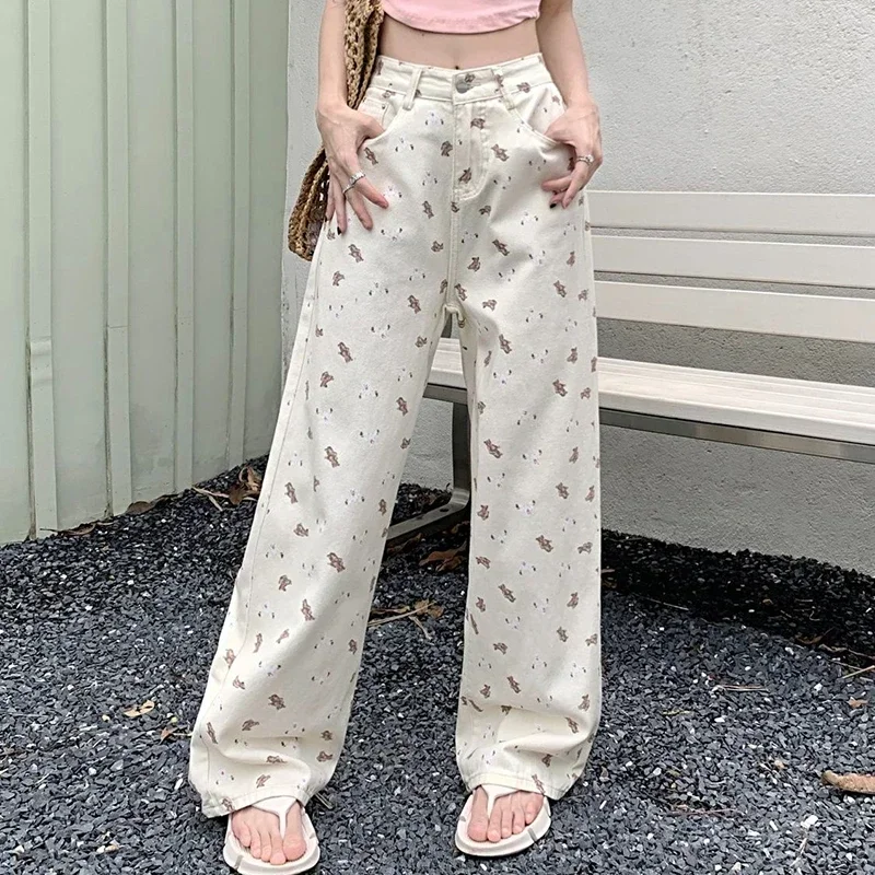 LIBIELIY Woman New High Waist Korean Harajuku Wide Leg Jeans Female Fashion Cutecore Pants Girls Y2k Streetwear Pink White Deni