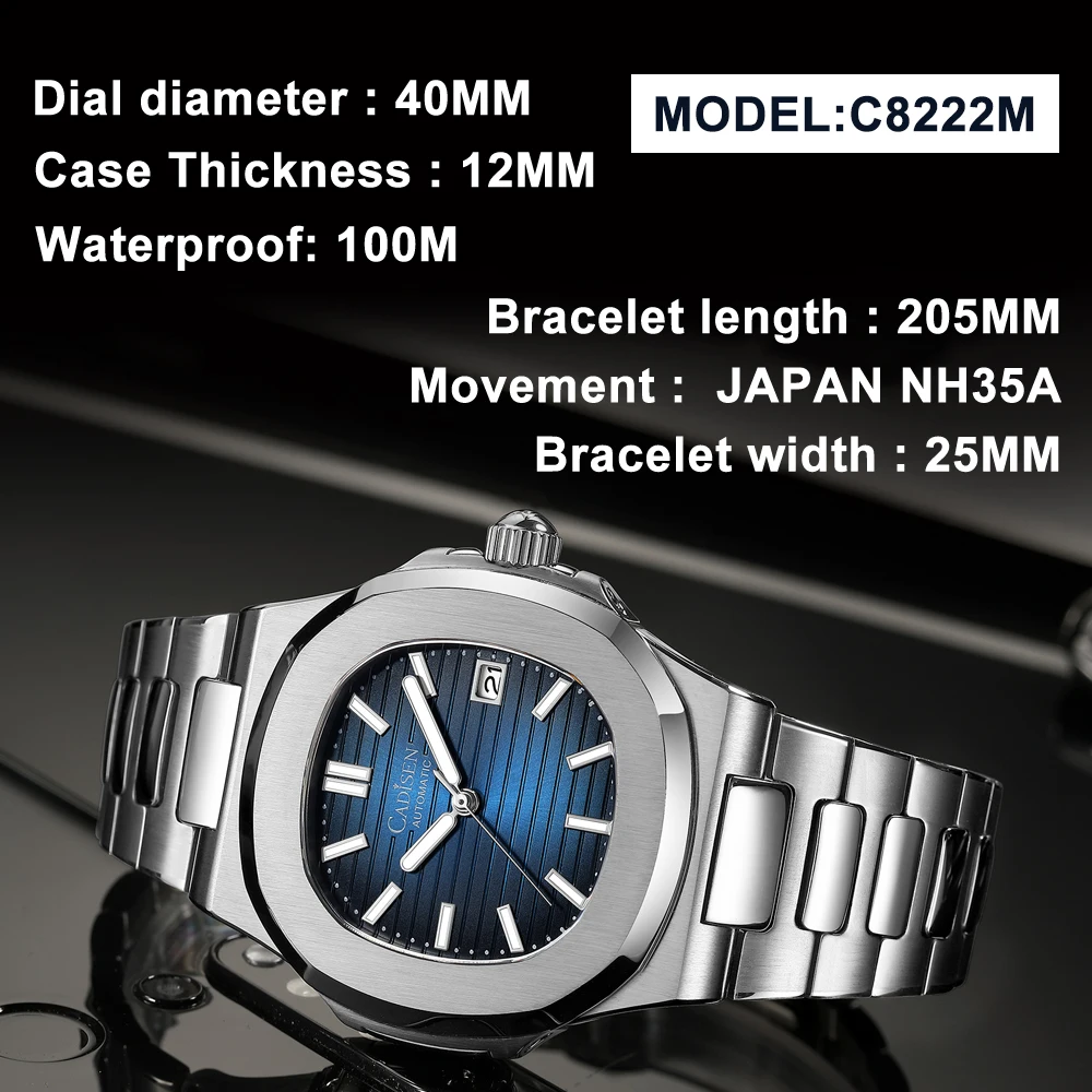 CADISEN Men Watch Top Brand Luxury Mechanical Watch Male 100M Waterproof Japan NH35A Automatic Sapphire Wrist Watch Blue Clock