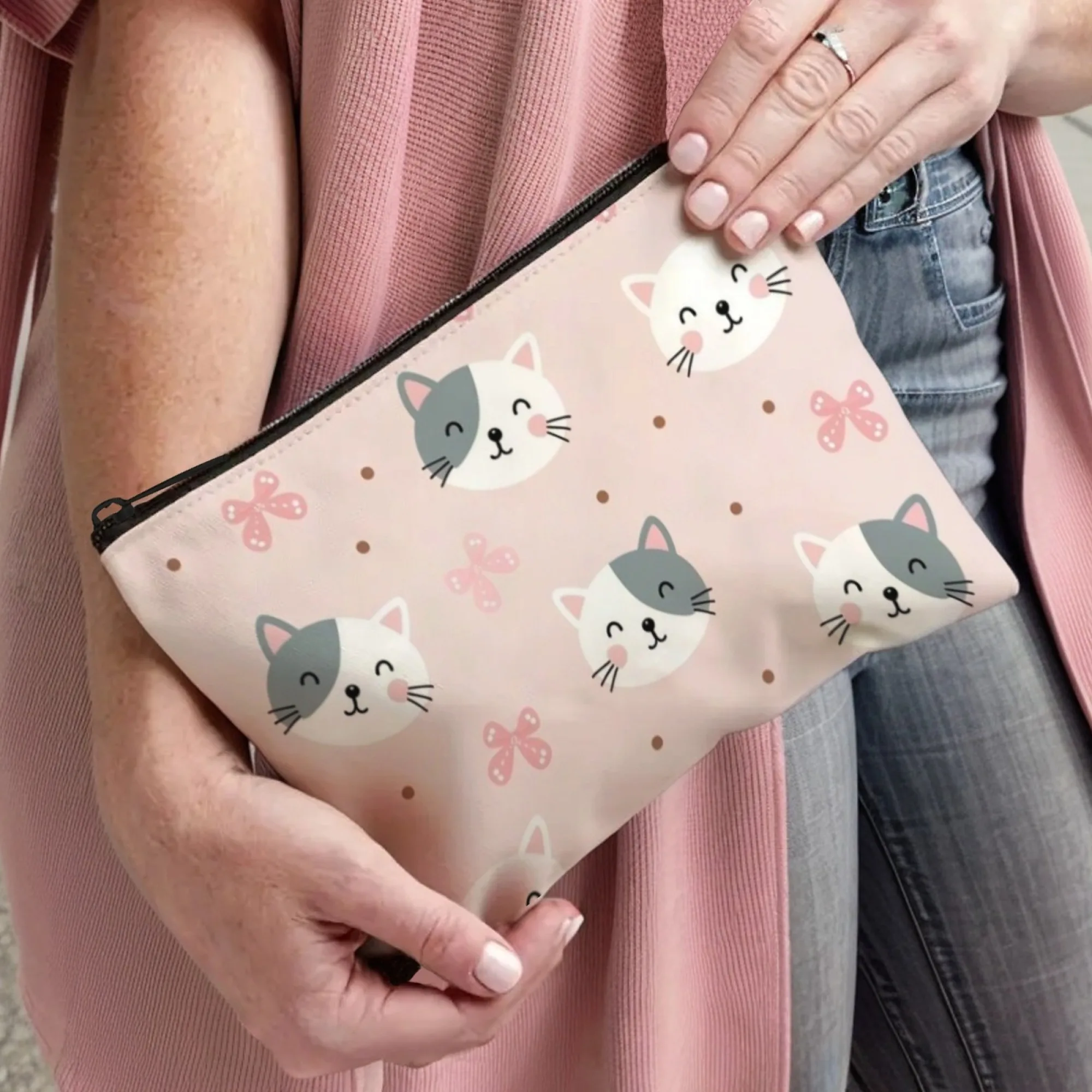 Sweet Cute Cat Cosmetic Bag with Pink Polka Dots & Bows Adorable Organizer for Lipstick & Hair Accessories Ideal Lovely Gift