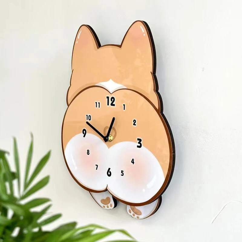 ABRE-Cartoon Dog Corgi ساعة هزازة للغرفة وغرفة النوم ساعة حائط صامتة لطيفة