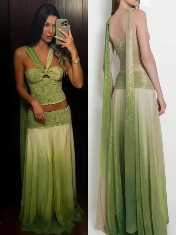 

Fashion Gradient Long Skirt 2-piece Set Ruffle Sleeveless Backless Halter Hollow Out Tops Suits For Women 2025 Y2k Party Wear