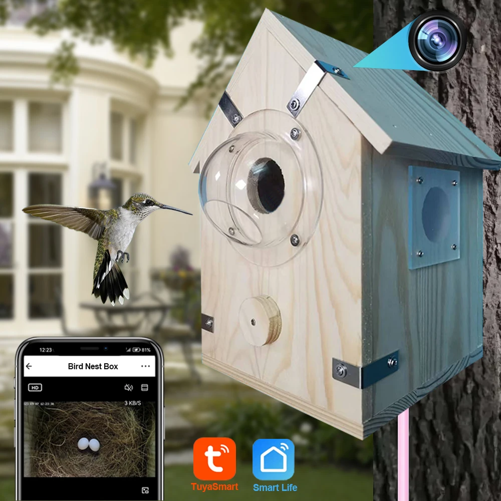 

Bird Cage with Tuya Camera 4MP HD lens Parrot House Whole Day Watch SD Card Record Nest Birds Night Vision Wooden Natural Home