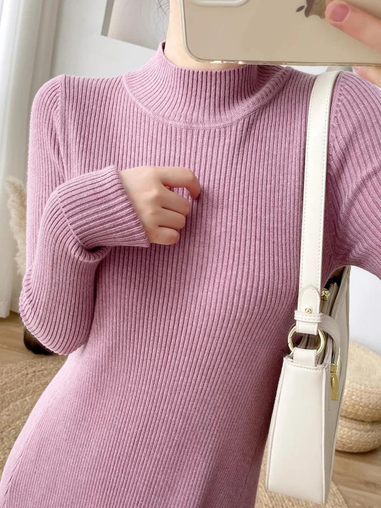 Gaun Sweater Panjang Wanita Baru yang Elegan Musim gugur Musim dingin Busana Hangat Setengah Kerah Tinggi Kerah Panjang Ramping Gaun Rajutan Ramping Gaun Aprikot