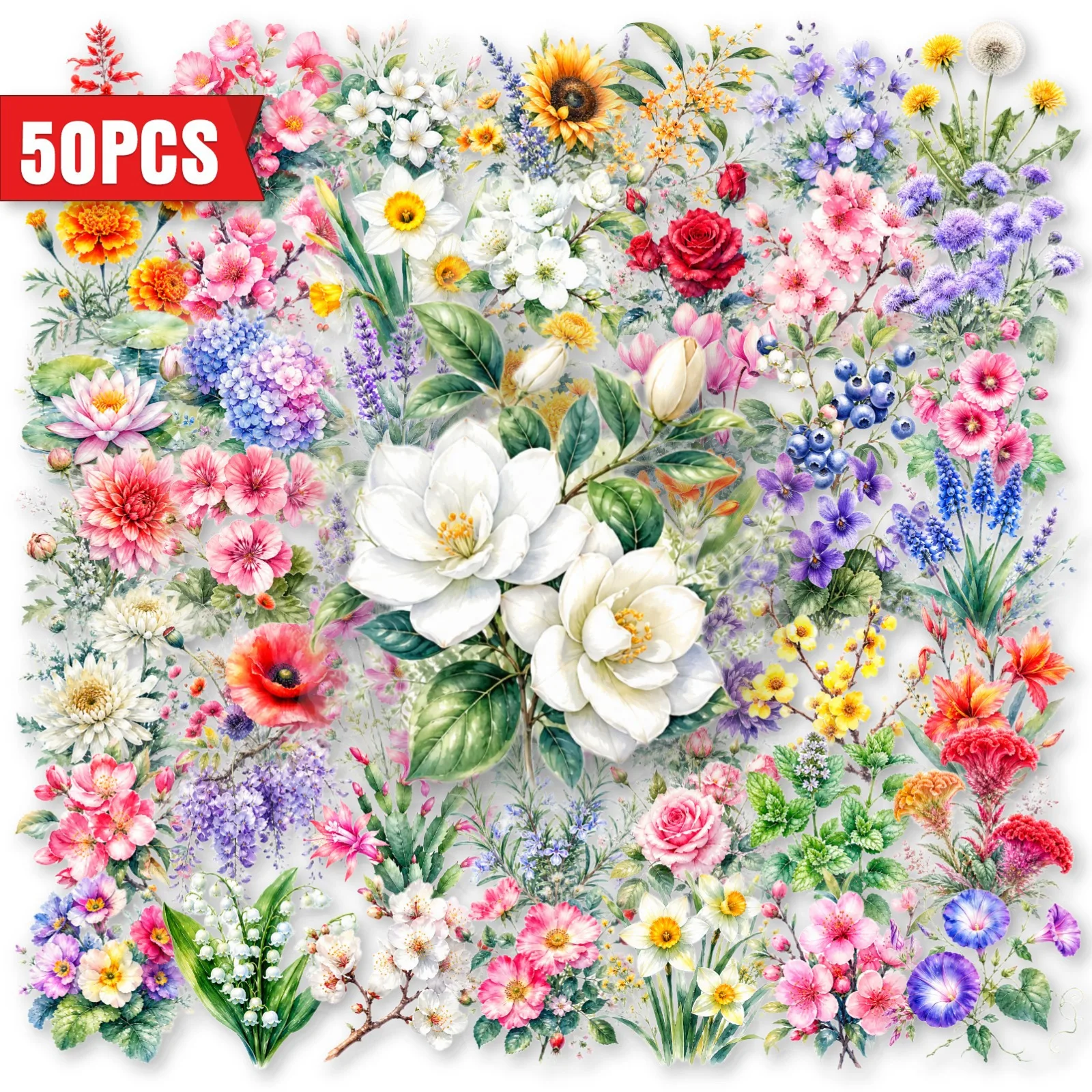 50 PCS Exquisite Hand Drawn Watercolor Floral Pattern Transparent Waterproof Stickers Decorate Vase Window Fridge Phone Decals