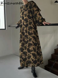 Kuzuwata O Neck Long Sleeve Elegant Dresses A-line Pullover Print Mid-length Casual Vestidos Japan Moda Stretch Waist Femme Robe