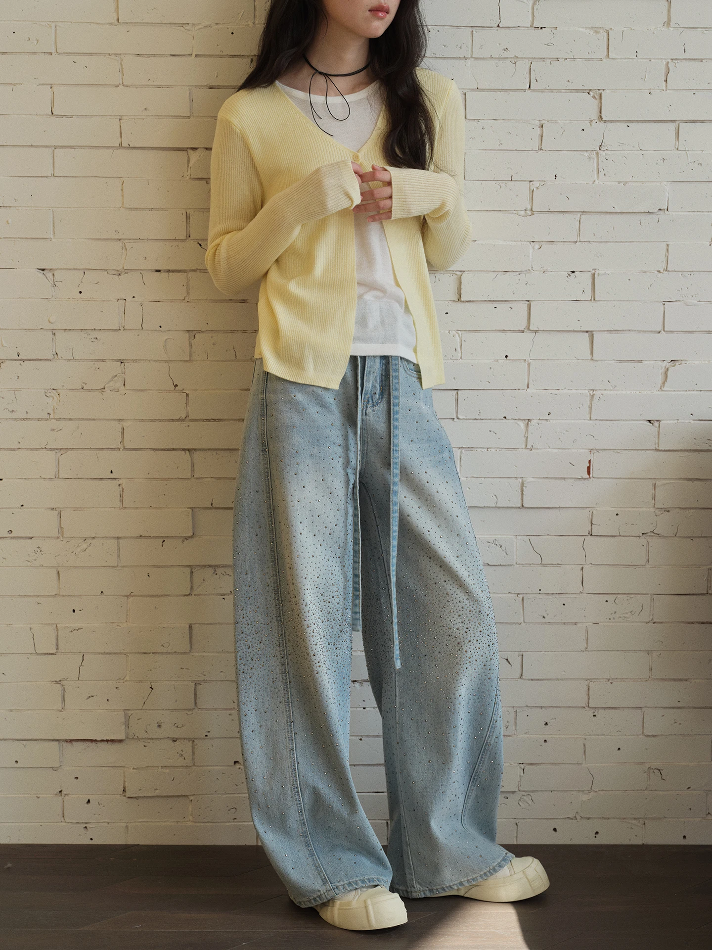 

Soloki Korean Sle Loose Casual iny Diamond Wide Leg Dstring High Waist Blue Jeans Women's Loose Fit Cotton Denim Pants
