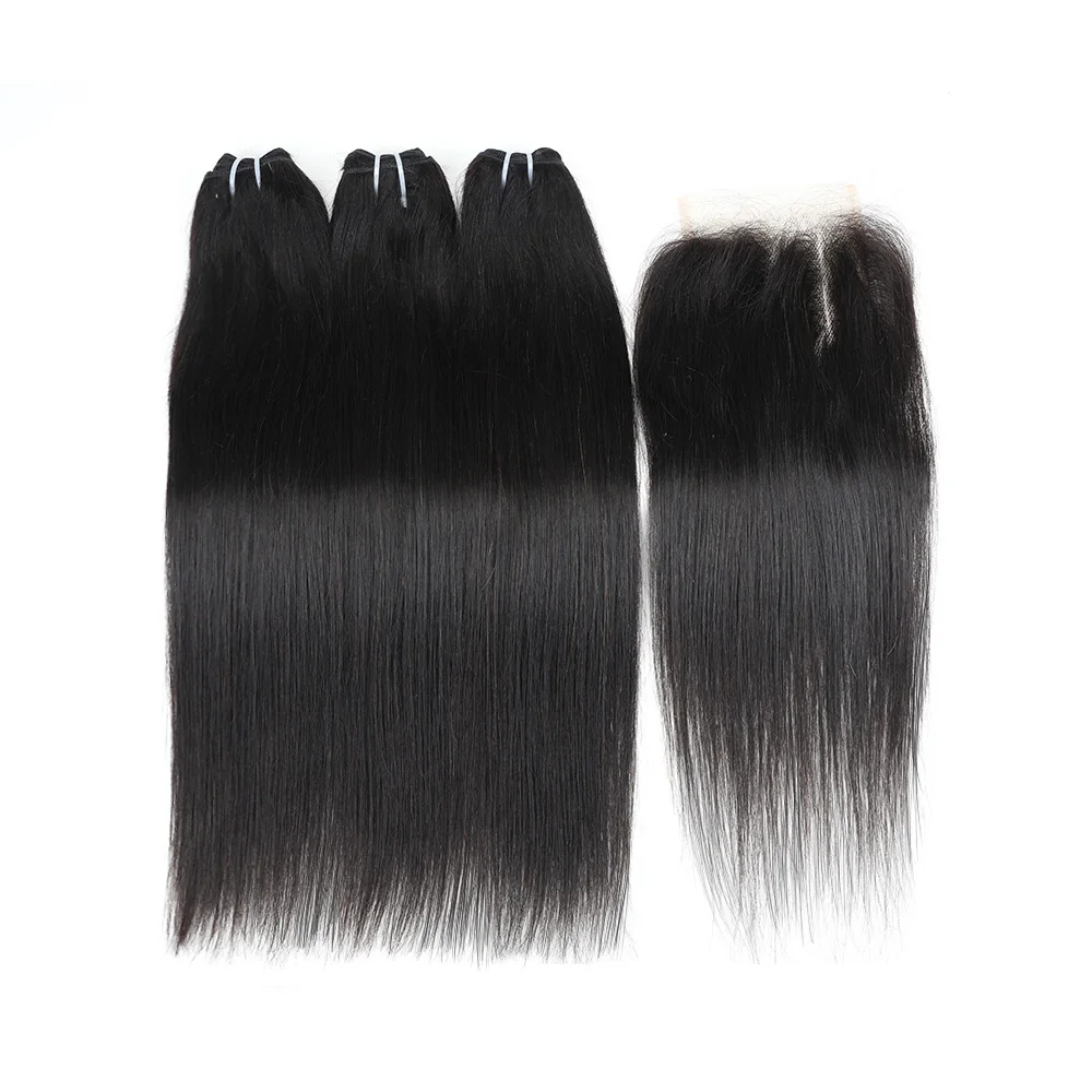 

Straight Human Hair Bundles with Closure Brazilian Raw Hair Weaving Bundles with 4x4 Lace Closure Natural Color Extention