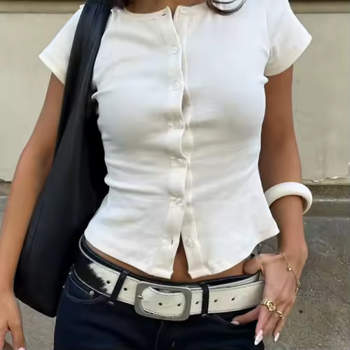 Tuularose Fashion New T-Shirt Women's Casual Solid Slim-Fit Crew Neck Cardigan T-Shirt Summer Office Lady Vacation Female Tops - Image 6
