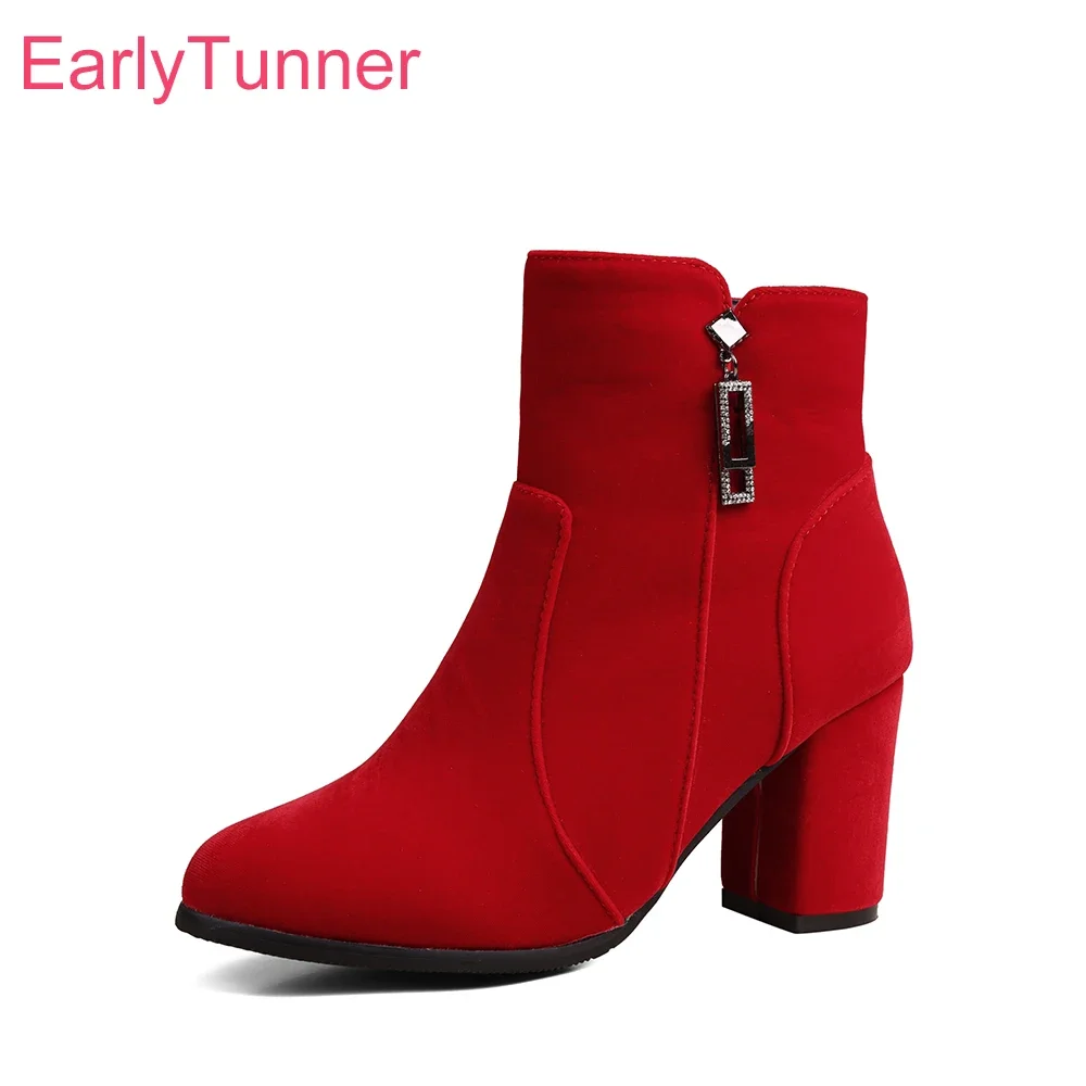 2024 Winter Fashion Black Red Women Ankle Boots Hot Round Toe High Heels Office Lady Nude Shoes Plus Small Big Size 33 43 48 52