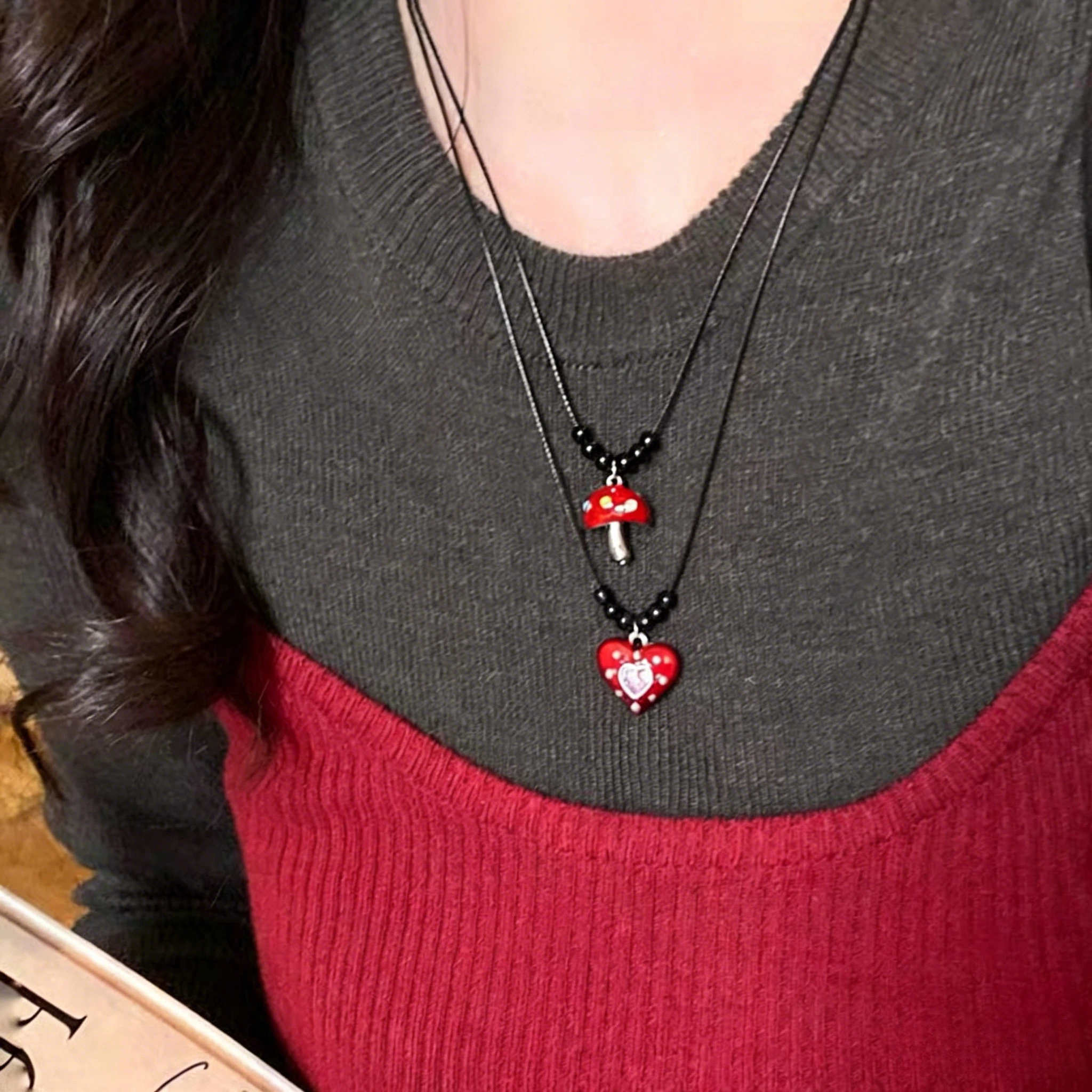 Y2K Red Drip Glaze Mushroom Heart Pendant Necklace Trendy Black Rope Drawstring Cute Exquisite Collarbone Chain for Women Girl