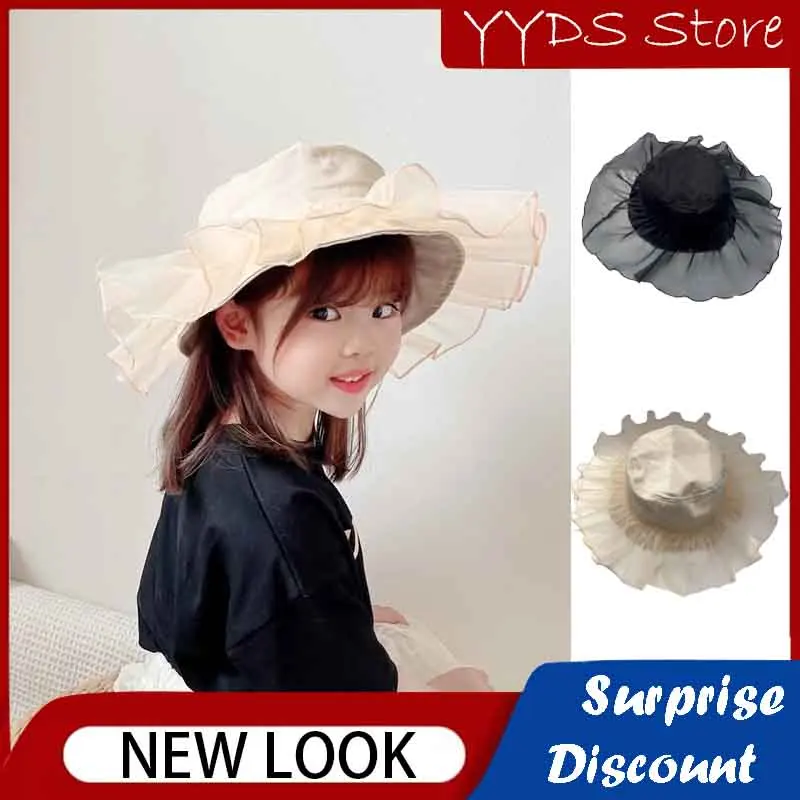 

Ins Children's Lace Fisherman Hat Hepburn Style Spring and Autumn Girls Sunscreen Beach Hat Sweet Organza Top Hat