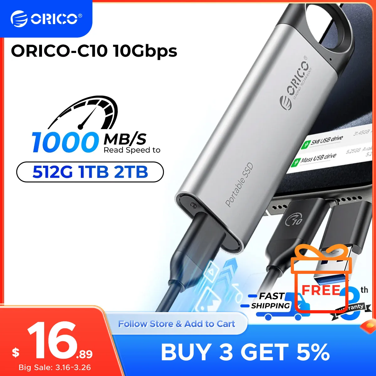 ORICO SSD externo de 1 TB até 1050 MB/S Design de furo pendurado Armazenamento de unidade de estado sólido portátil PSSD para tablets laptops C10