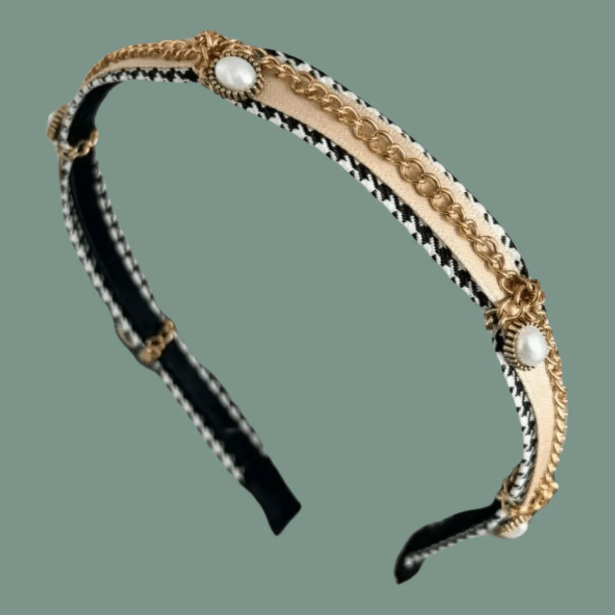 

Houndstooth Pattern Hair Hoop with Chain Pearl Details Slim Vintage Headband High Crown Light Luxury for Women Hair Accessories