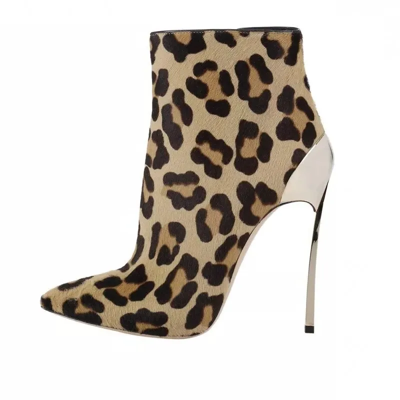 

Леопардовые ботильоны на каблуке с металлической оберткой из конского волоса, короткие ботинки с острым носком, сексуальные белые, черные кожаные ботильоны на молнии сбоку