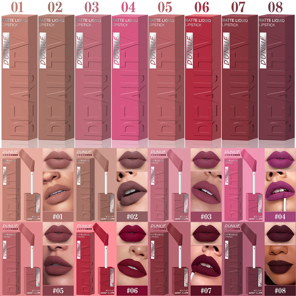 8 colores desnudo marrón mate lápiz labial líquido terciopelo Sexy rojo oscuro esmalte de labios taza antiadherente no es fácil de decolorar brillo de labios maquillaje de lápiz labial