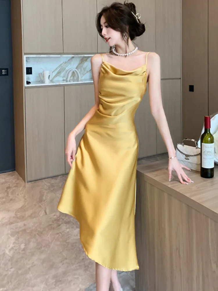 

Women Summer Elegant Satin Strap Midi Party Dress Female Casual Korean Solid One Pieces Wedding Vestidos Mujers Slim Clothes