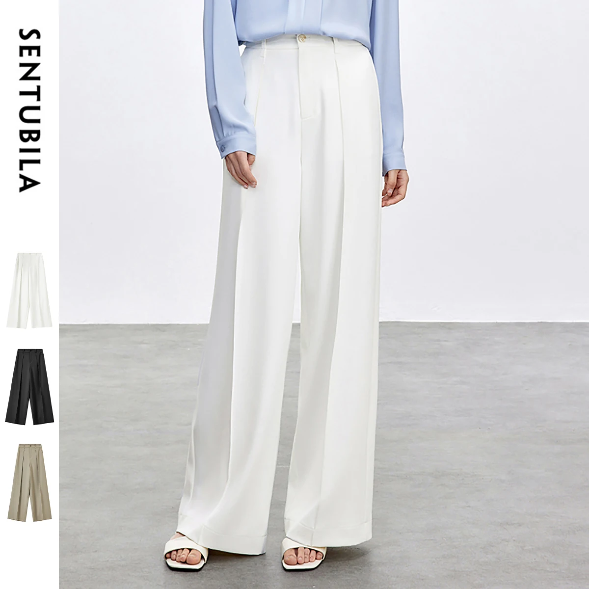 

SENTUBILA White Wide Leg Pants For Spring 2025 Straight Leg Pants With High-End Feel High Waist Slim Pants For Women 151K57704