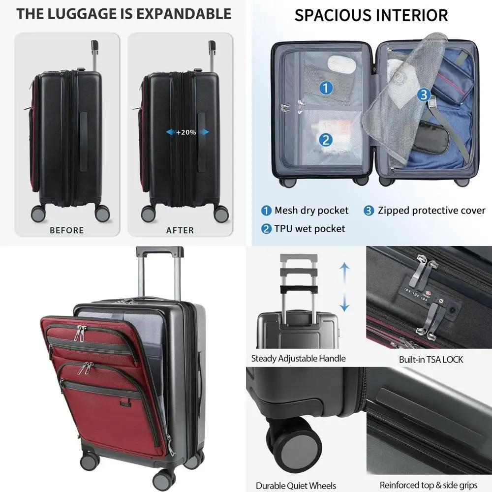 

20 Hardside Expandable Carry-On Suitcase with TSA Lock, USB Port, and Front Pockets - Black-Dark Red