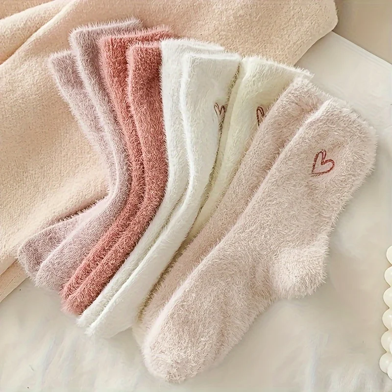 5 Paar Damen-Socken aus dickem Nerz-Kaschmir mit rosa Herz-Stickerei, warm, knöchelhoch, Herbst-Winter-Haussocken – Detail 7