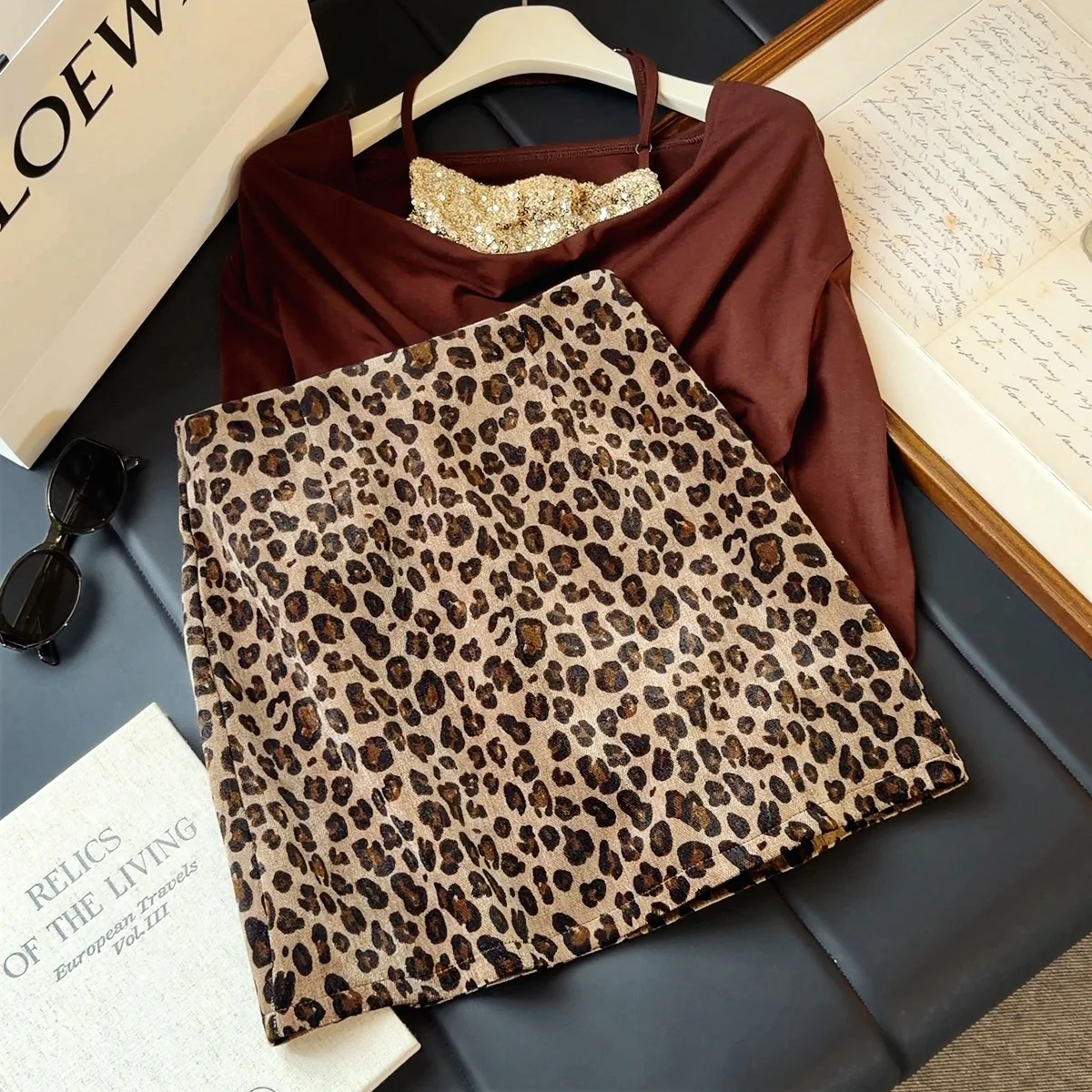 Retro Spice Girl Leopard Print Skirt Women Autumn New High Waist Slim Fit and Thin Anti-light Hip Skirt