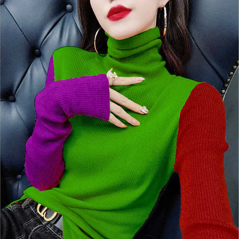 Fashion Turtleneck Long Sleeve Knitted Spliced Color Sweater Women\'s Clothing 2022 Autumn New Loose Casual Pullovers Korean Tops