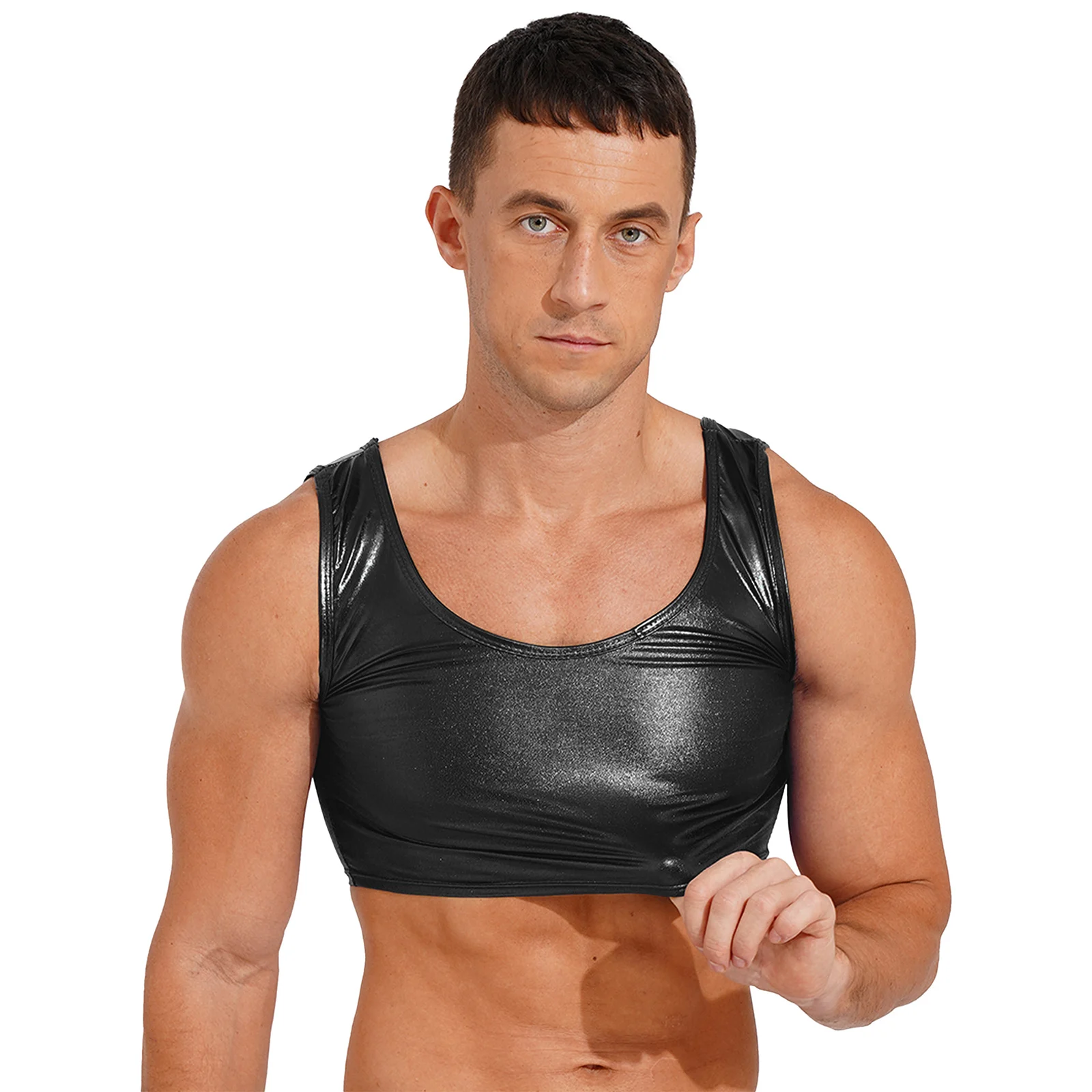 Mens Shiny Metallic Tanks Tops Wet Look Sleeveless Vest Stretchy Crop Top Rave Festival Party Pole Dance Performance Clubwear